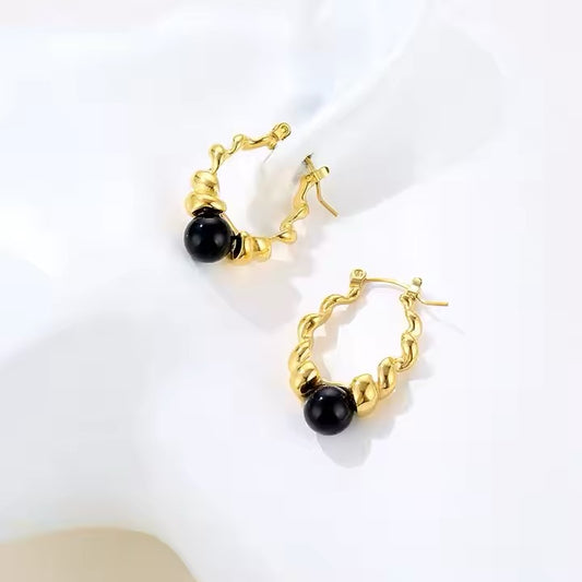Black Bead Twisted Hoop Earrings