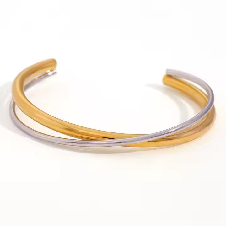 Two Tone Cross Line Bangle Bracelet