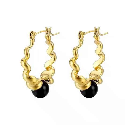 Black Bead Twisted Hoop Earrings