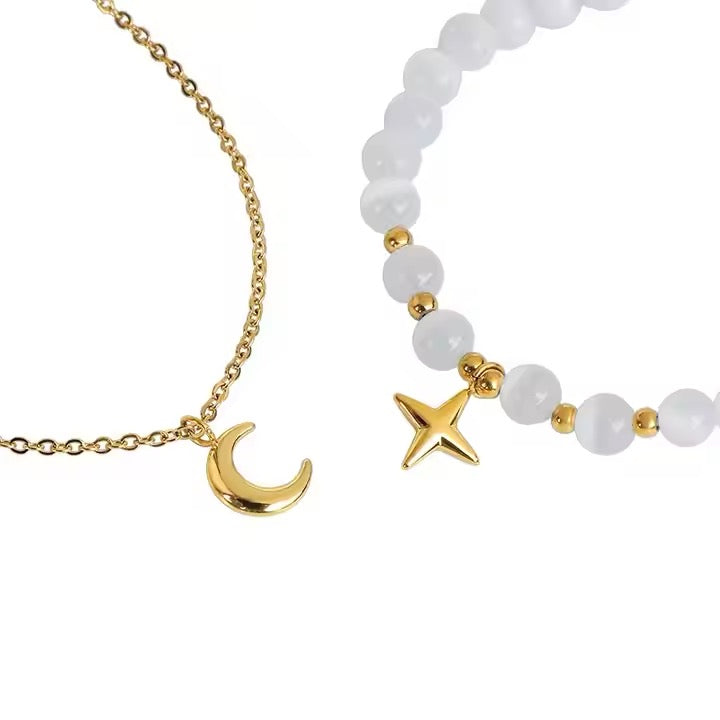 North Star Astral and Moon Elastic Opal Stone Bead Charm Bracelet