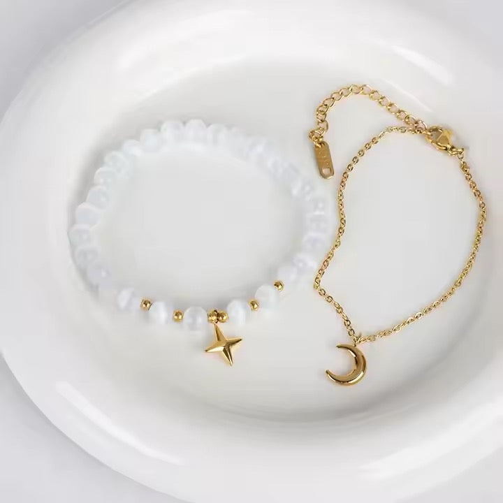 North Star Astral and Moon Elastic Opal Stone Bead Charm Bracelet