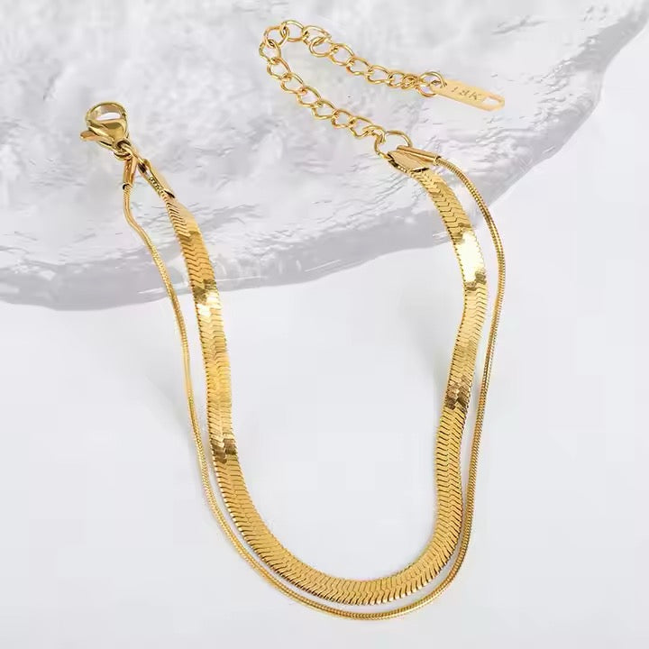 Double Layer Flat Herringbone Snake Chain Bracelet