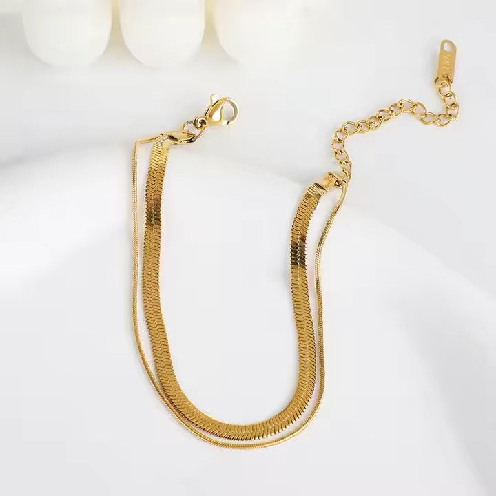 Double Layer Flat Herringbone Snake Chain Bracelet