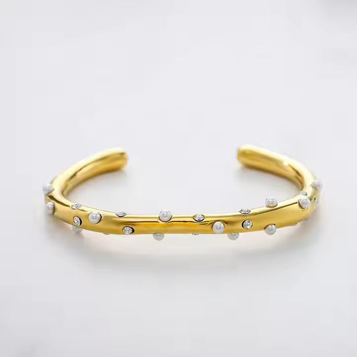 Pave Pearlet Zircon Open Cuff Bangle Bracelet