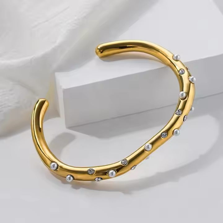 Pave Pearlet Zircon Open Cuff Bangle Bracelet