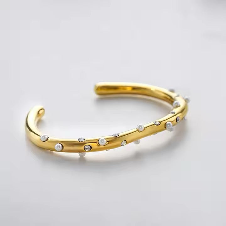 Pave Pearlet Zircon Open Cuff Bangle Bracelet