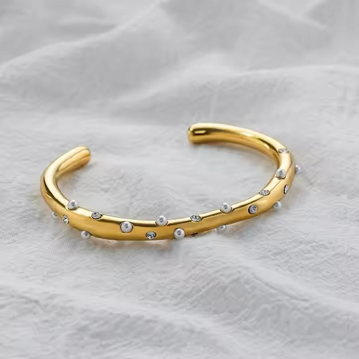 Pave Pearlet Zircon Open Cuff Bangle Bracelet