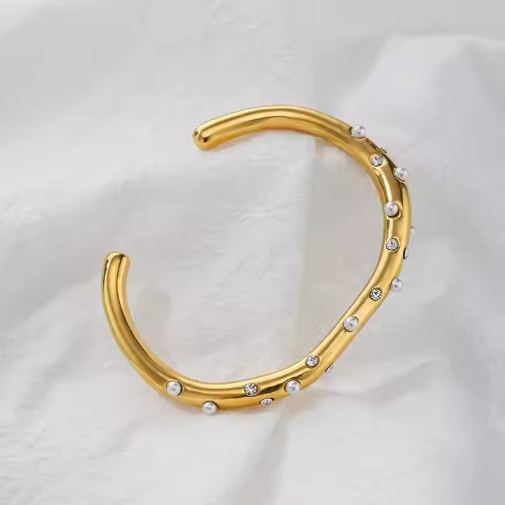 Pave Pearlet Zircon Open Cuff Bangle Bracelet